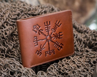 Vegvísir Viking Wallet Durable Leather Slim Embossed Leather Wallet Nordic Wallet Personalized Navigation Norse Compass