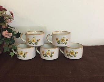 Vintage Stoneware Soup Mugs, 1970 soup Mugs, Vintage Speckled Coffee Mugs,Korean Flower Mug,Stoneware Coffee Mugs, Vintage soup mugs