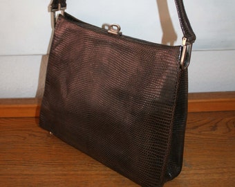 Vintage bag, noble vintage handbag, brown leather, reptile embossing, approx. 50s/60s, 100% original