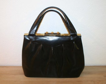 Vintage bag, classic women's handbag, black leather, original 30s - 50s