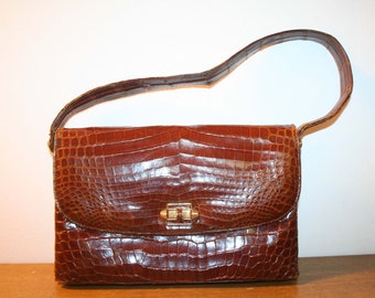 Luxury handbag, elegant vintage bag, leather with crocodile embossing in fox brown