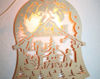 Erzgebirge window decoration, vintage window picture, motif: giving gifts, fretsaw work illuminated, electric, TOP