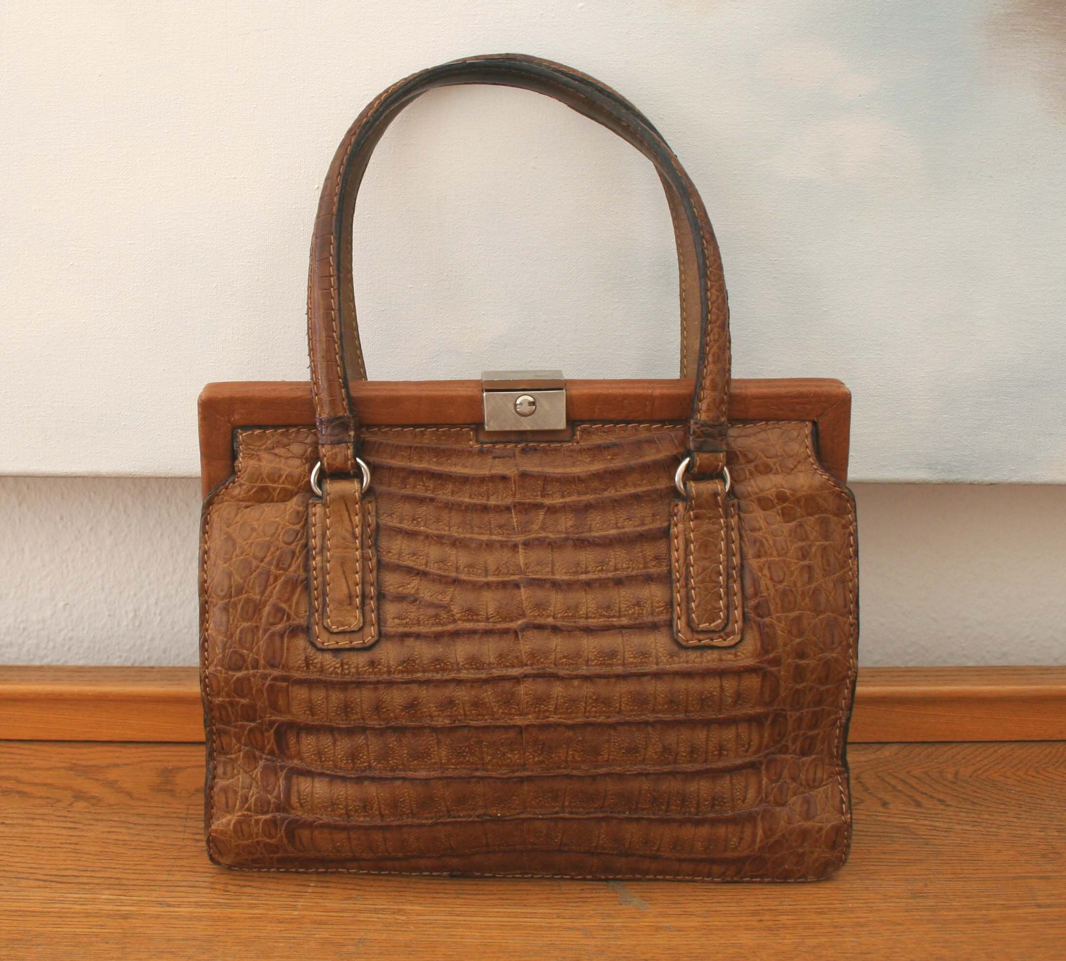 Jaguar vintage handbag noble bag genuine leather croc brown Etsy