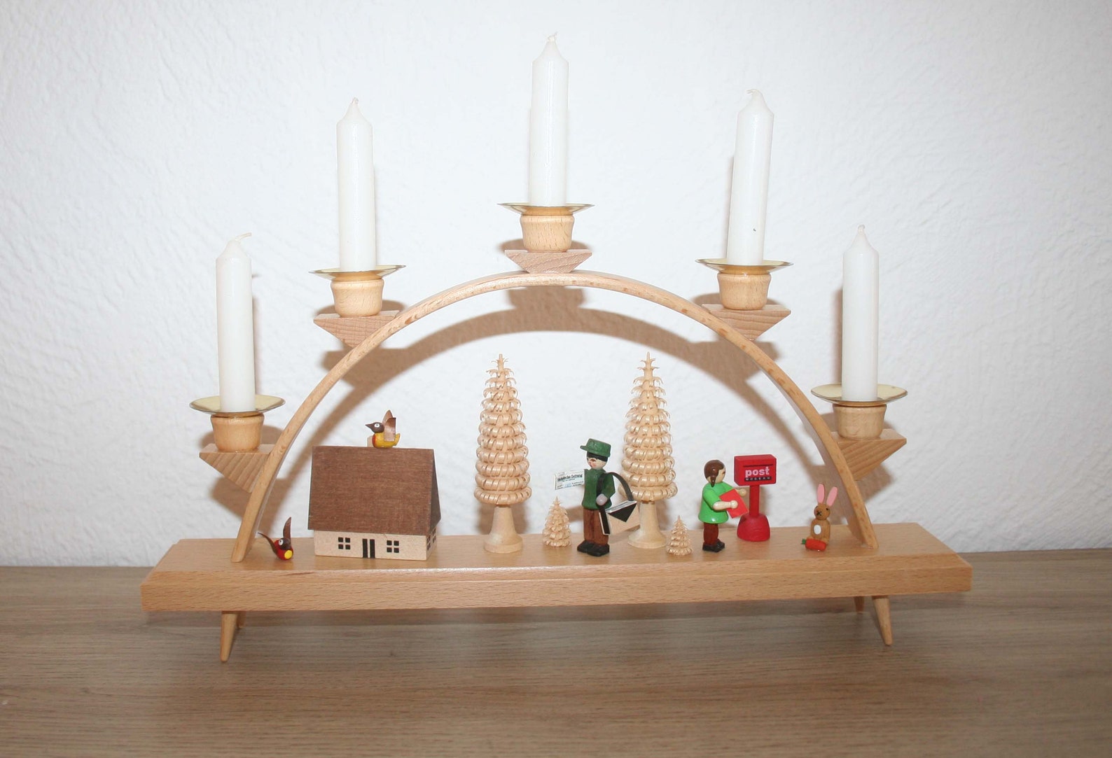 Erzgebirge Schwibbogen, bow, candle holder for 5 candles, original wood art by Richard Glässer, Seiffen, TOP