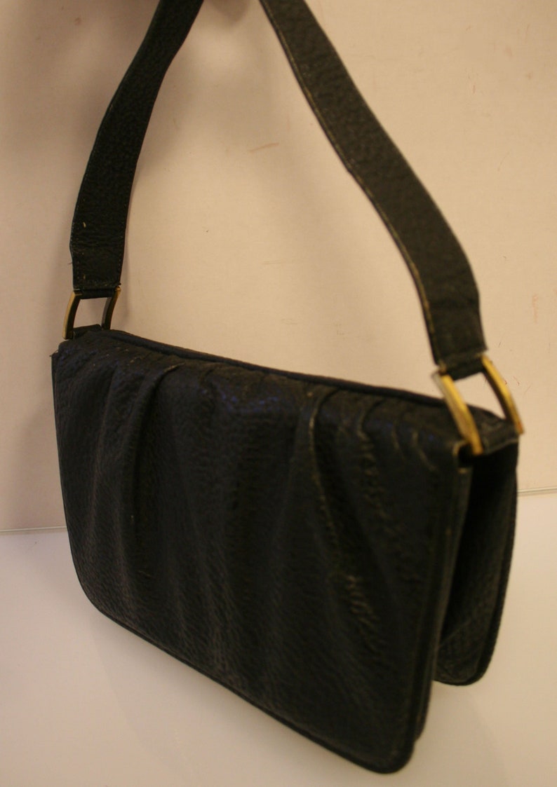 Vintage bag, antique handbag, grained black leather, original 40s image 1