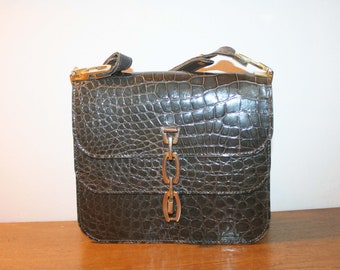 Menes Friers Paris, luxury handbag, elegant vintage bag, brown-gray leather with crocodile embossing