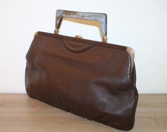 Goldpfeil Tasche, klassische Vintage Damen Handtasche, Leder braun, Original 50er / 60er Jahre