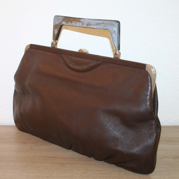 Goldpfeil Tasche, klassische Vintage Damen Handtasche, Leder braun, Original 50er / 60er Jahre