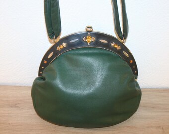 Goldpfeil Tasche, wunderschöne Vintage Damen Handtasche, Leder grün mit großen Schmucksteinen, Original