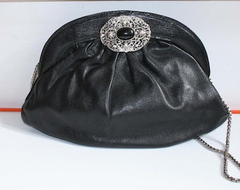 Vintage bag, eye-catching evening handbag, women's bag or theater bag, black leather with brooch, Made in Italy