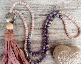 Mala Amethyst beads natural tassel sari silk pinkpurple orange mala Moon pendant necklace feminine mala beads handmade Bohemian