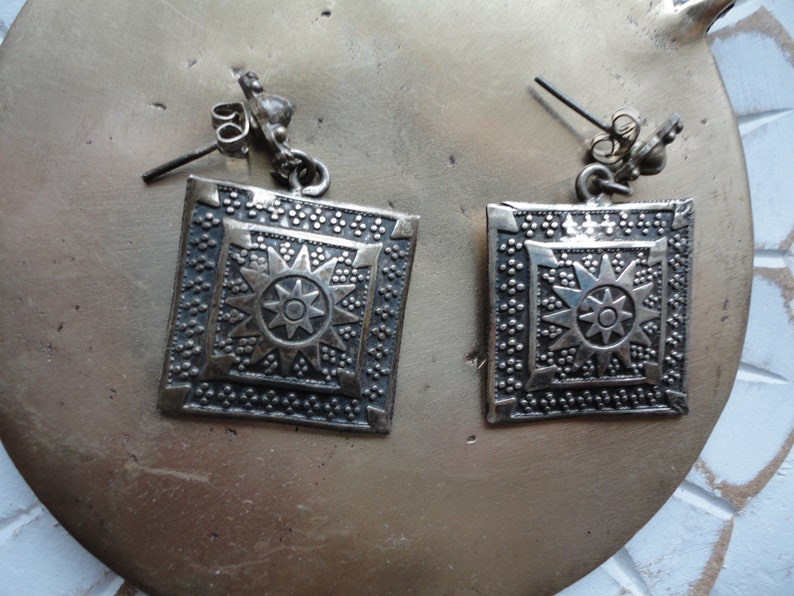 Silver ethnic earrings with punchstar 8 branchesearringssquare Silver 925earringsvintage pendant