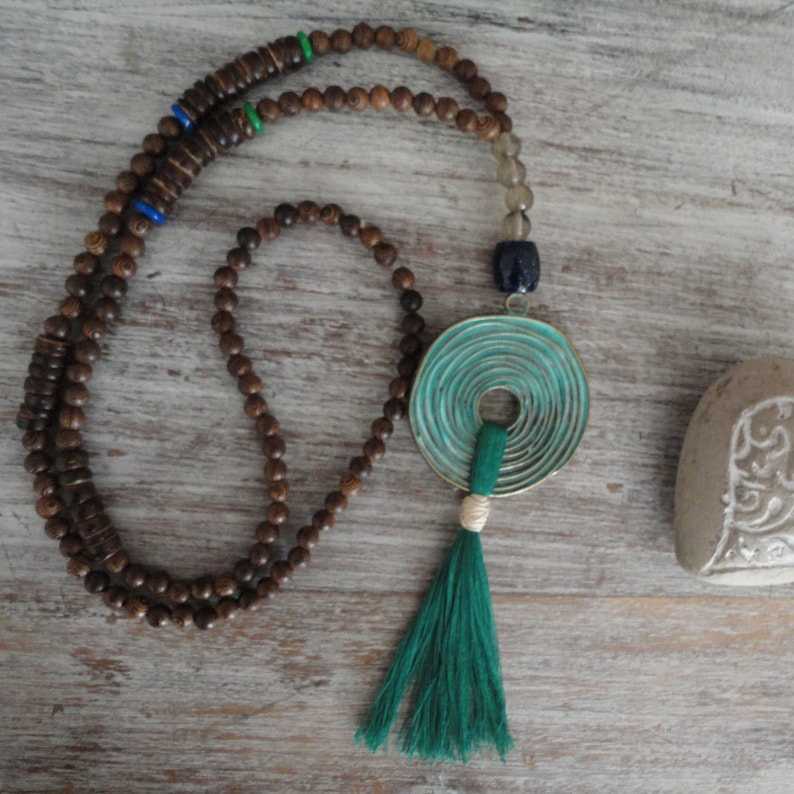 Mala necklace goddess made of wood with antique spiral pendant tassel cotton GreenGoddessspiralsacred feminine boho necklace