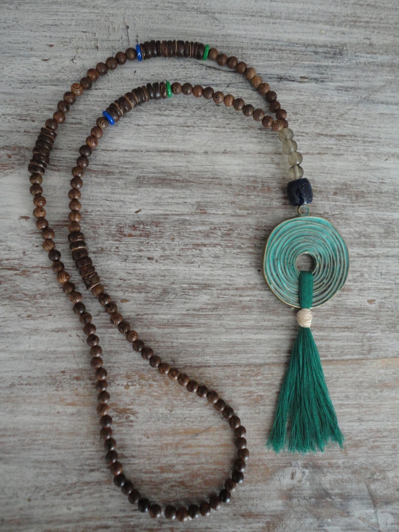 Mala necklace goddess made of wood with antique spiral pendant tassel cotton GreenGoddessspiralsacred feminine boho necklace