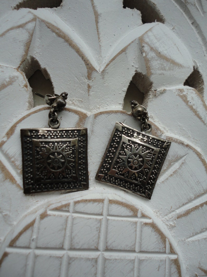 Silver ethnic earrings with punchstar 8 branchesearringssquare Silver 925earringsvintage pendant