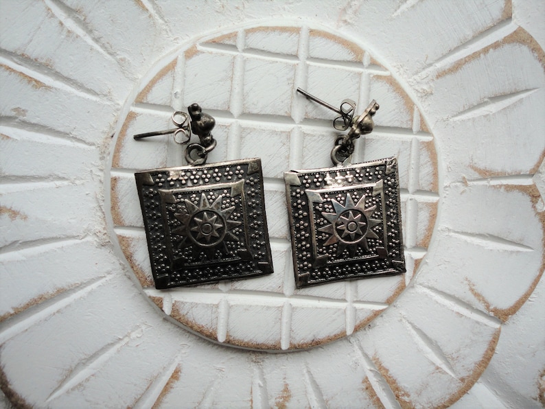 Silver ethnic earrings with punchstar 8 branchesearringssquare Silver 925earringsvintage pendant
