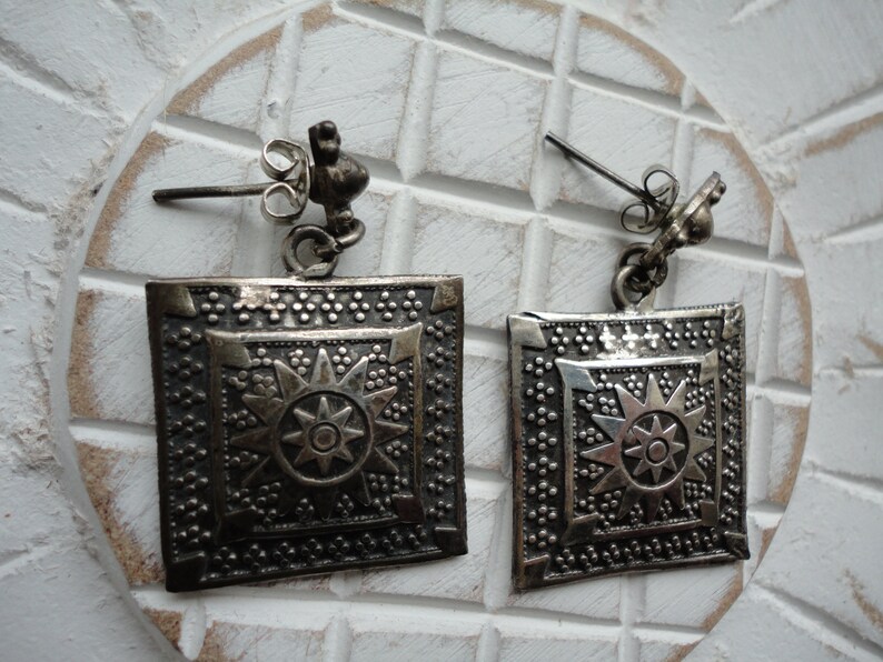 Silver ethnic earrings with punchstar 8 branchesearringssquare Silver 925earringsvintage pendant