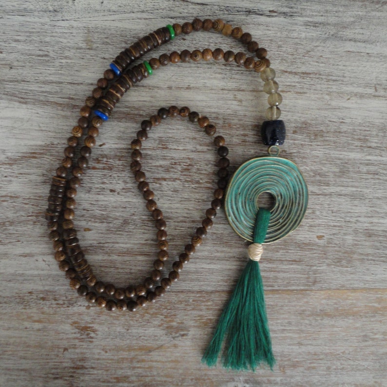 Mala necklace goddess made of wood with antique spiral pendant tassel cotton GreenGoddessspiralsacred feminine boho necklace
