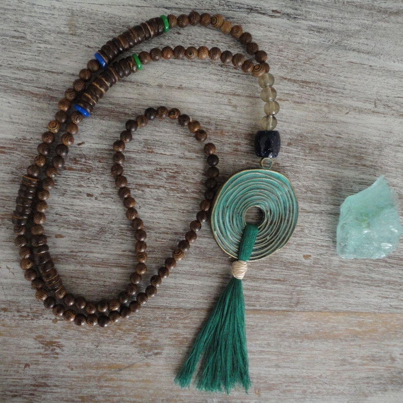 Mala necklace goddess made of wood with antique spiral pendant tassel cotton GreenGoddessspiralsacred feminine boho necklace