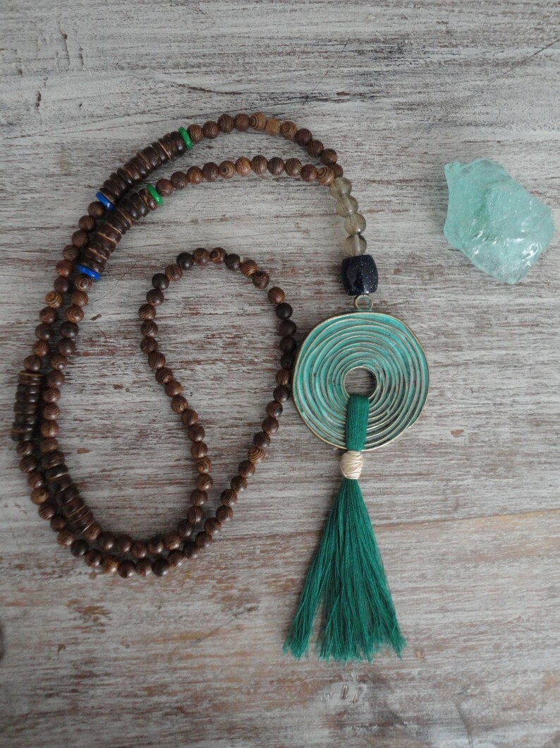 Mala necklace goddess made of wood with antique spiral pendant tassel cotton GreenGoddessspiralsacred feminine boho necklace