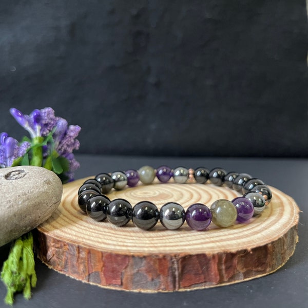 Protection Beaded Bracelet | 8MM Triple Protection Crystals | Negative Energy Blocker | Energy Protection Mala | Aura, Empath Protection |