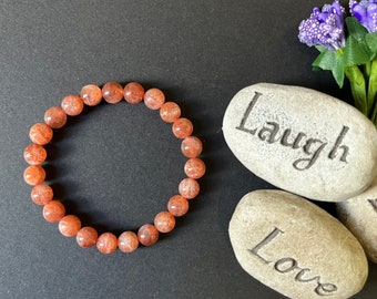 Authentic Sunstone Crystal Bracelet | Natural 8MM Sunstone Gemstone | Smooth Semi-Precious Stone | Stretch Beaded Bracelet | Crystal Gift