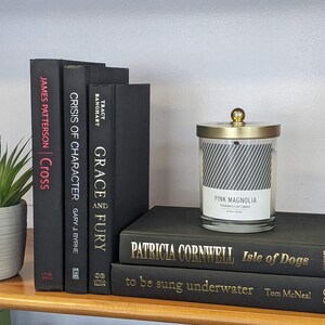May include: A stack of black hardcover books with gold lettering on a wooden shelf. The books are titled "Crisis of Character", "Grace and Fury", "Isle of Dogs", and "to be sung underwater". A glass candle jar with a gold lid and black and white striped design is on top of the books. The candle jar is labeled "Pink Magnolia". A small potted green plant is on the left side of the shelf.