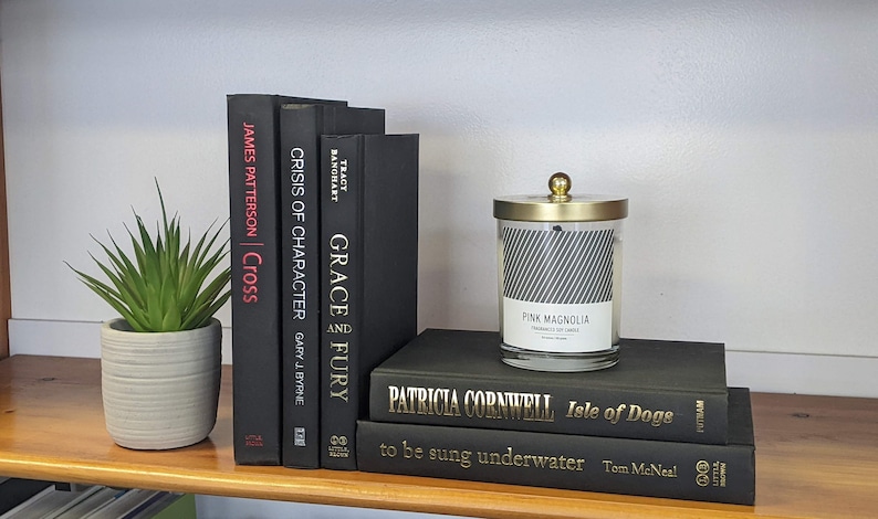 May include: A stack of black hardcover books with gold lettering on a wooden shelf. The books are titled "Crisis of Character", "Grace and Fury", "Isle of Dogs", and "to be sung underwater". A glass candle jar with a gold lid and black and white striped design is on top of the books. The candle jar is labeled "Pink Magnolia". A small potted green plant is on the left side of the shelf.