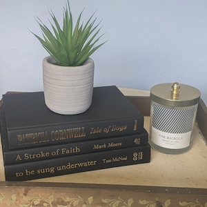 May include: A wooden tray with a gold floral design holds a stack of four black hardcover books with gold lettering. The titles are "Isle of Dogs", "A Stroke of Faith", and "to be sung underwater". A small potted succulent plant and a gold candle with a striped label that reads "PINK MAGNOLIA" are also on the tray.