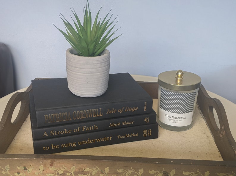 May include: A wooden tray with a gold floral design holds a stack of four black hardcover books with gold lettering. The titles are "Isle of Dogs", "A Stroke of Faith", and "to be sung underwater". A small potted succulent plant and a gold candle with a striped label that reads "PINK MAGNOLIA" are also on the tray.