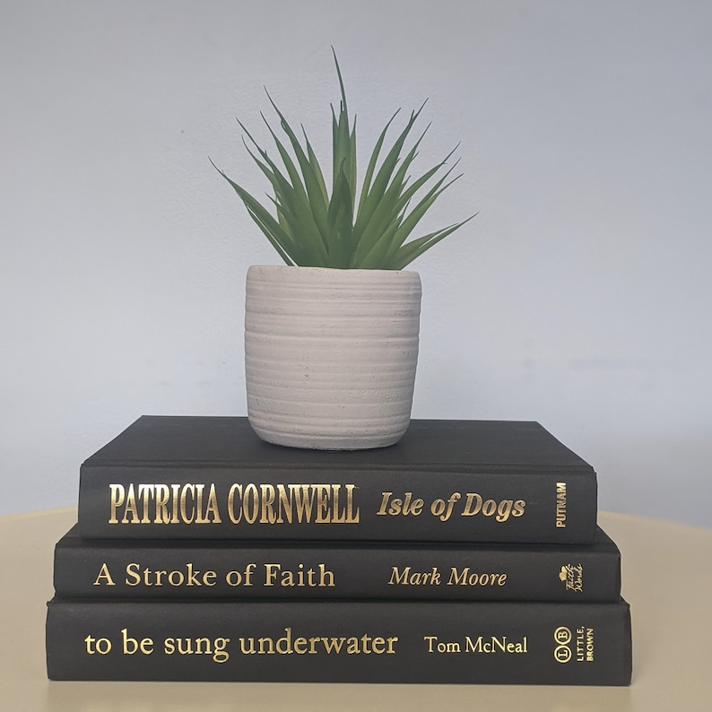 May include: A stack of three black hardcover books with gold lettering on a white surface. The top book is titled "Isle of Dogs" by Patricia Cornwell. The middle book is titled "A Stroke of Faith" by Mark Moore. The bottom book is titled "to be sung underwater" by Tom McNeal. A small potted succulent plant sits on top of the books.