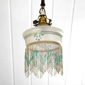 Art Nouveau ceiling lamp glass 1900 1910 lamp tassel glass beads light country house vintage ceiling light brocante design pansies