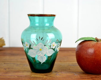 Vase 30er Glasvase Handgemalt Glas Blumenvase Emaille Dekor Flower Studio Vintage Design Retro Petrol 50er Studioglas Punkte