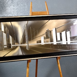 Aluminum Picture W. Rudolph Signed City Skyline Panorama Mirror Vintage Design 70s 80s Metal Art Modern