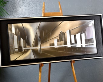 Aluminum Picture W. Rudolph Signed City Skyline Panorama Mirror Vintage Design 70s 80s Metal Art Modern