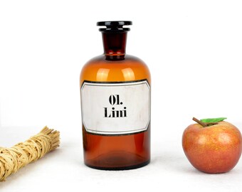 Old apothecary bottle, linseed oil, 1 liter glass bottle, pharmacy/laboratory bottle, storage, vintage container, decorative item