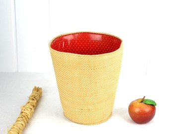 Wastepaper basket raffia red with white dots mid century 50s 60s vintage design basket raffia rockabilly