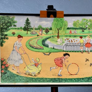 vecchia mappa rotolo DDR Park anni 50 60 lavagna scolastica immagine lavagna vintage design sussidi didattici cameretta bambini brocante murale