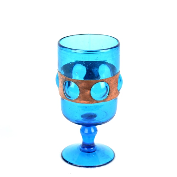 Weinglas Nanny Still für Raak Amsterdam blaues Glas Waldglas mit Kupferbeschlag Handarbeit