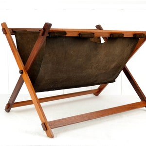 Teak newspaper rack with suede 50s 60s mid century vintage design shabby storage magazine leather teak wood brocante