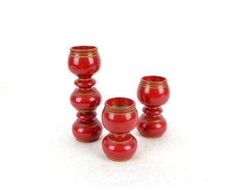 3 DDR candlesticks Erzgebirge Expertic wood red gold 50s 60s mid century candles vintage design candlestick candlestick brass