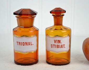 2 antique apothecary bottles, 1900s, enamel glass bottle, faceted cut, pharmacy laboratory bottle, vintage vessel, chemical storage