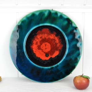 Pop Art Wall Plate Psychedelic 70s Ceramic Studio Ceramic Vintage Design Art Plate Space Age Petrol Red Orange Image