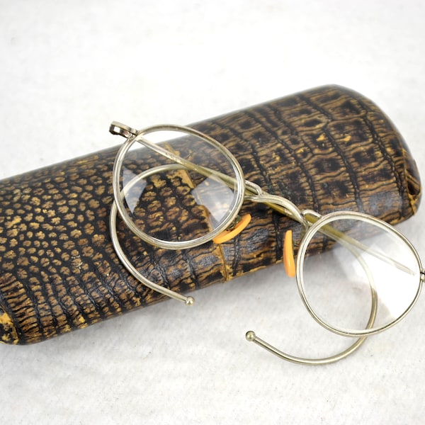 Hard nickel glasses with case Nickel nickel glasses 20s 30s Art Deco wire frame antique round oval