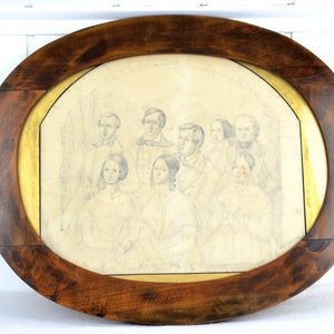 Disegno Famiglia borghese Biedermeier firmato 1846 dipinto con cornice in legno di ciliegio quadro design vintage XIX secolo