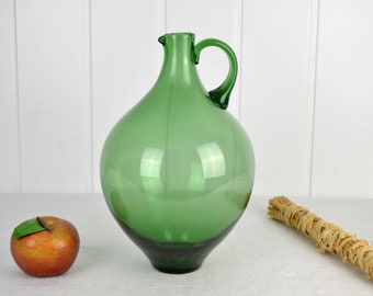 Glaskrug Krug 50er 60er Mundgeblasen Kunstglas Vase Henkelvase Handgeformt Studioglas Blumenvase Glasvase Grün Wasserkrug Weinkrug Karaffe
