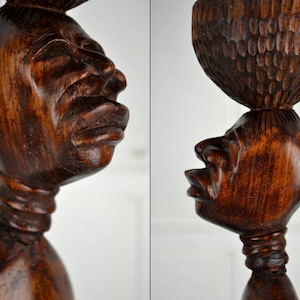 African wooden figure with drum 50s 60s teak precious wood decoration mid century vintage design sculpture plastic trunk figure showcase carved