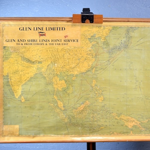 Mappa mobile Glen Line Limited Europa e Far East mappa del mondo collegamenti di spedizione lavagna scolastica anni '50 lavagna da muro metà secolo vintage sussidio didattico mondo