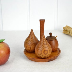 Spice cruet set 50s 60s salt pepper shaker mustard pot Danish wood mid century spice shaker vintage spices kitchen design