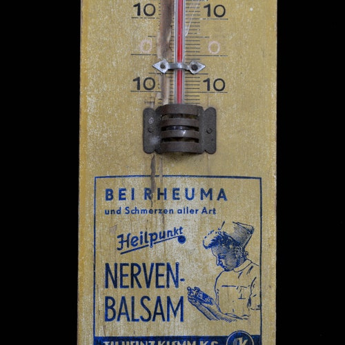 Advertising Thermometer Nerves Balm Th. Heinz Klemm KG Pharmaceutical Factory Jena Advertising shops 50s Wood Vintage Design Temperature Meter Celsius